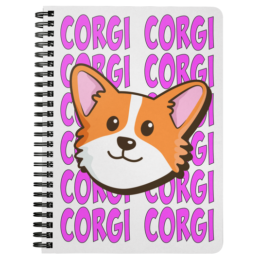 A journal with the face of a corgi with the background made of pink text saying "CORGI CORGI".