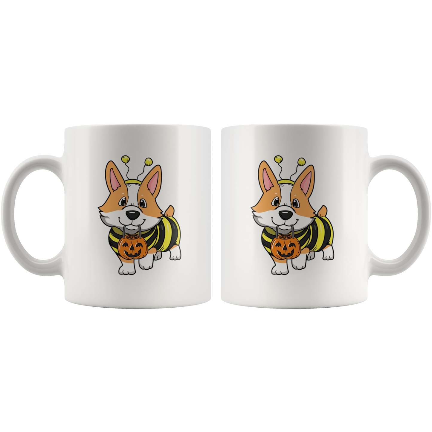 A white mug with a fawn corgi wearing a bumblebee costume, showing the front and back.