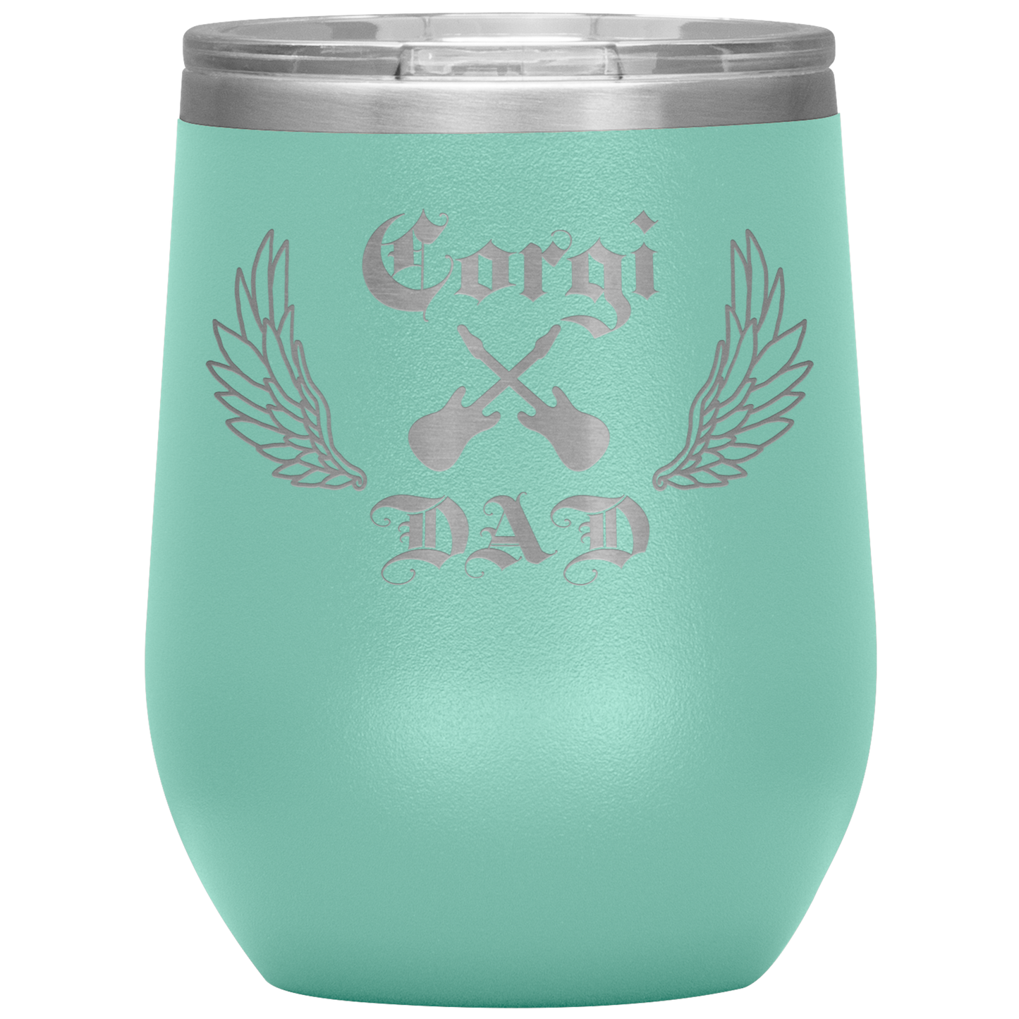 An insulated tumbler with the text "Corgi Dad" in a gothic style font with guitars and wings. The tumbler is teal.