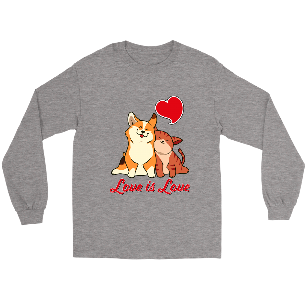 A flat lay of a heather grey long sleeved t shirt. The design of the shirt is a tricolor corgi snuggling a cat with red text underneath them that says "Love is love" with another red heart above their heads. 