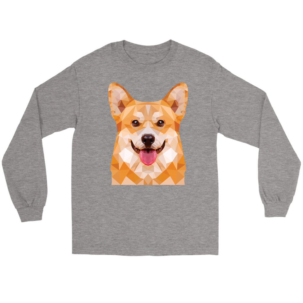 A flat lay of a long sleeved heather grey colored t shirt. The design of the shirt is polygonal pembroke corgi.