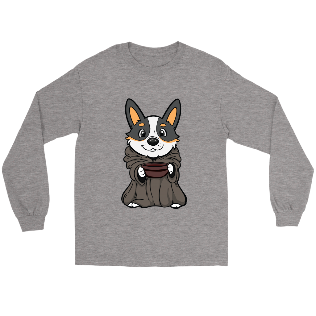 A flat lay of a long sleeved T shirt. The design of the shirt is a tricolor corgi that is dressed up as baby Yoda, (Grogu), from the Mandalorian.  The shirt is heather grey. 