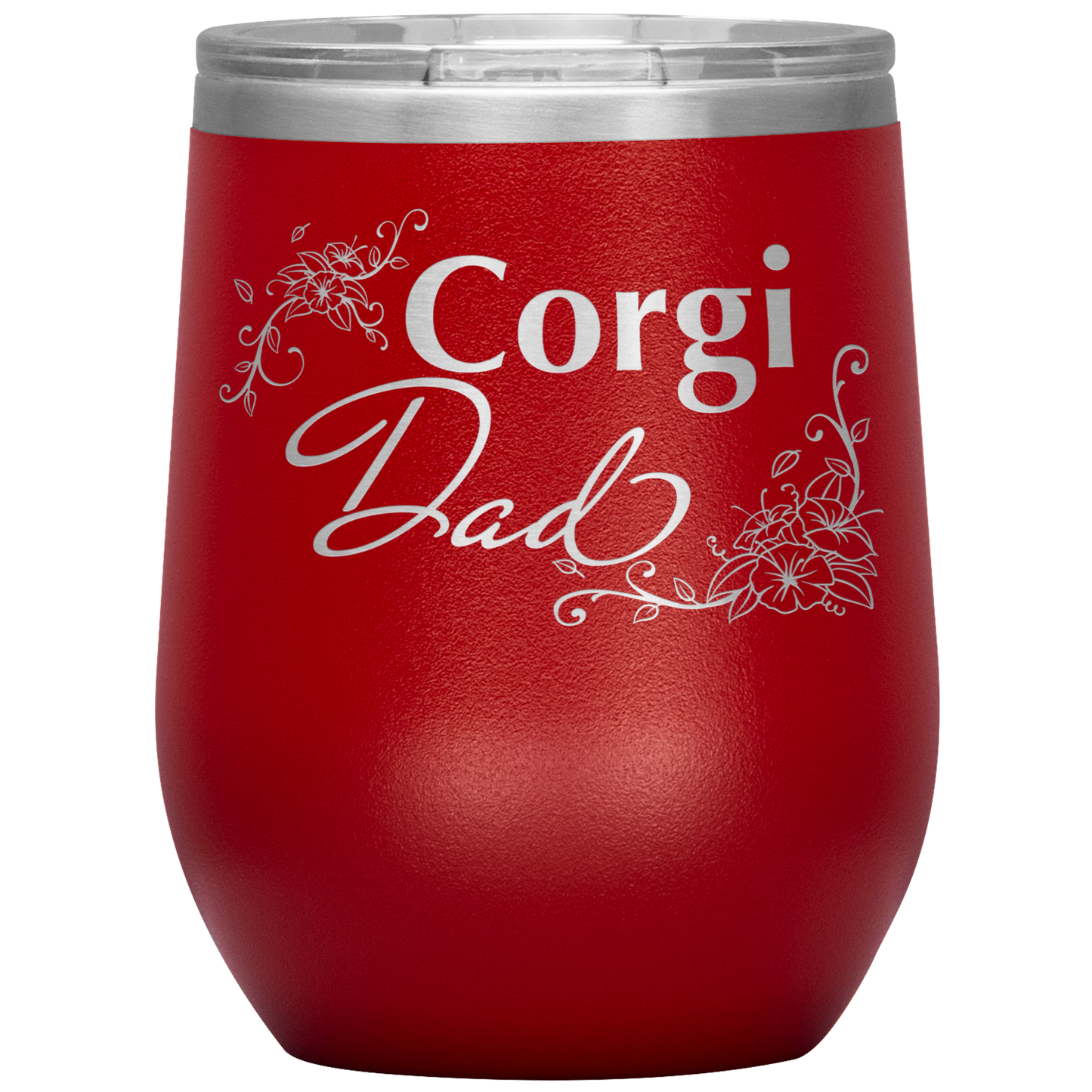 A red 12oz tumbler with the text "Corgi Dad" in a flowery font.