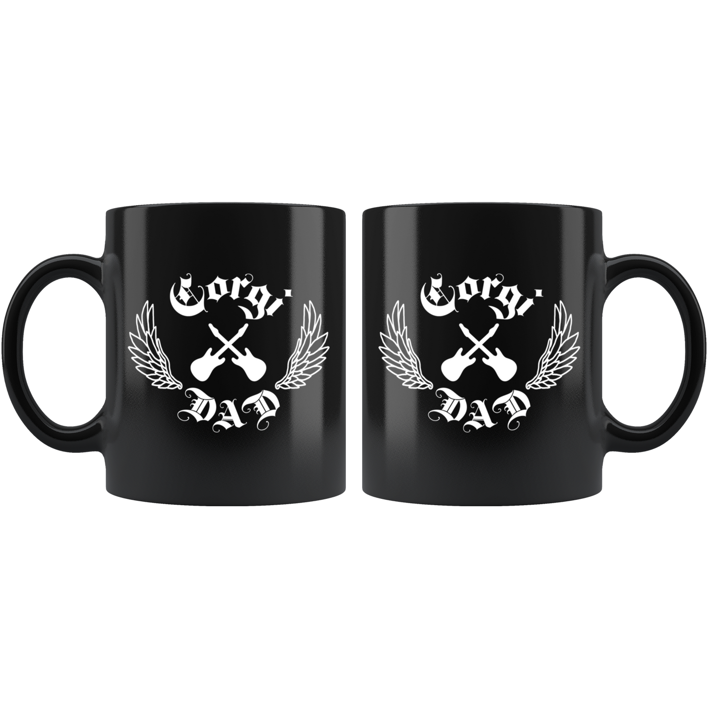 Black mug with Rock and Roll type font and "Corgi Dad" text. Showing back and front of mug.