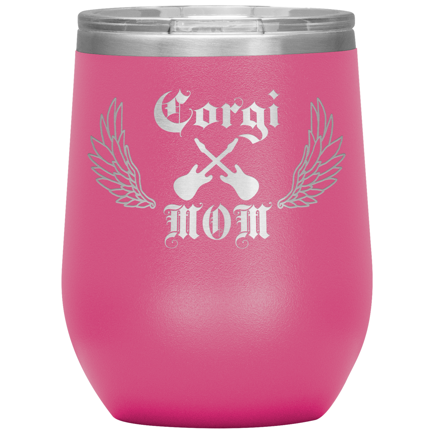 An insulated tumbler with the text "Corgi Mom" in a gothic style font with guitars and wings. The tumbler is pink.