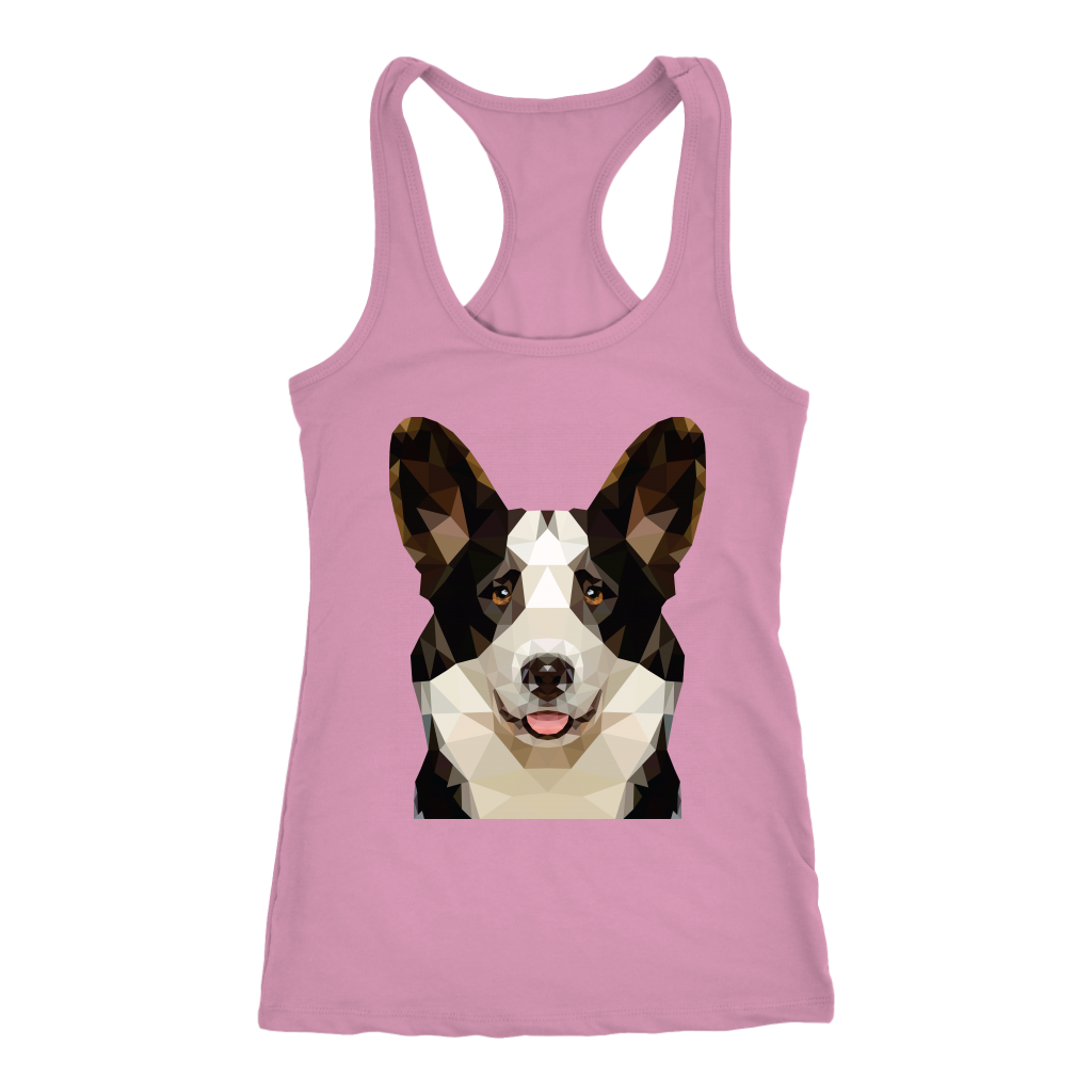 A racerback tank top with a cardigan corgi made of polygonal art. The tank is lilac-pink.