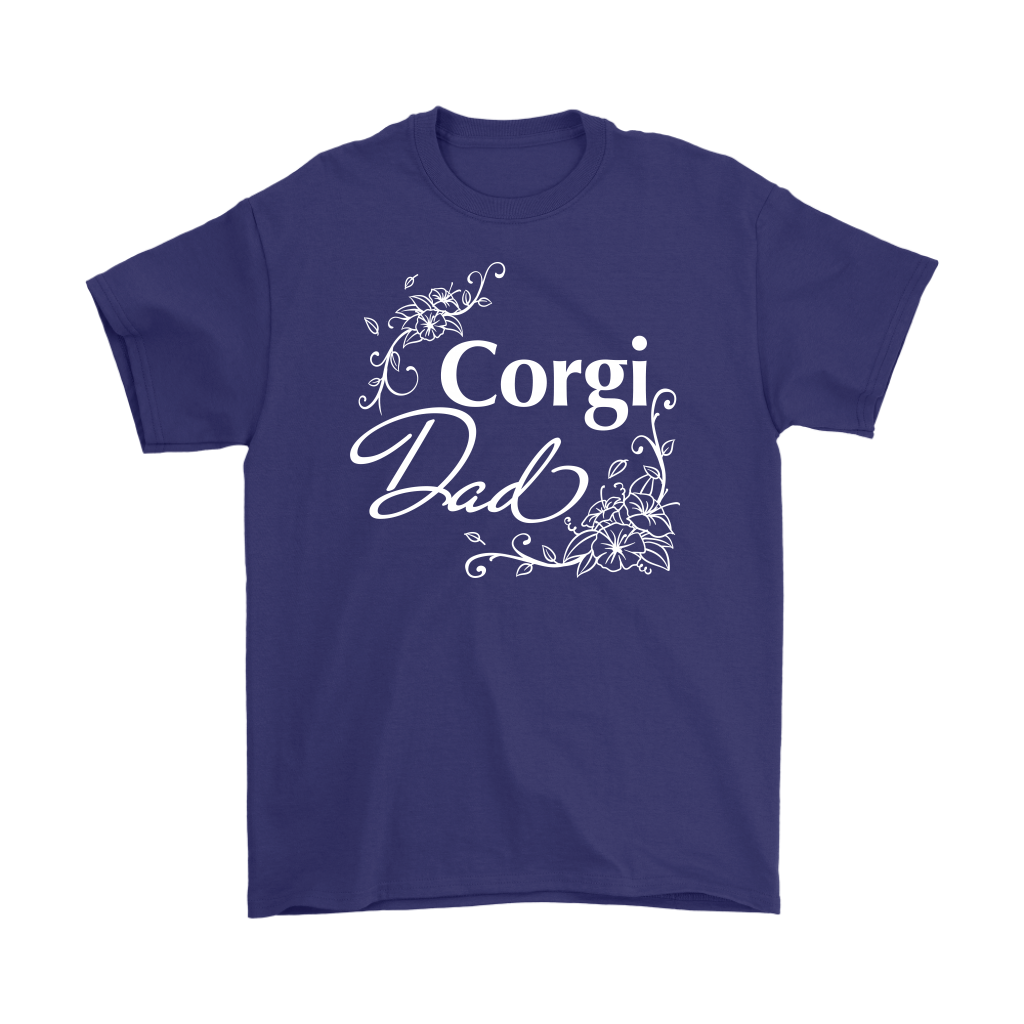 "Corgi Dad" shirt in purple. The text has a flowery font.