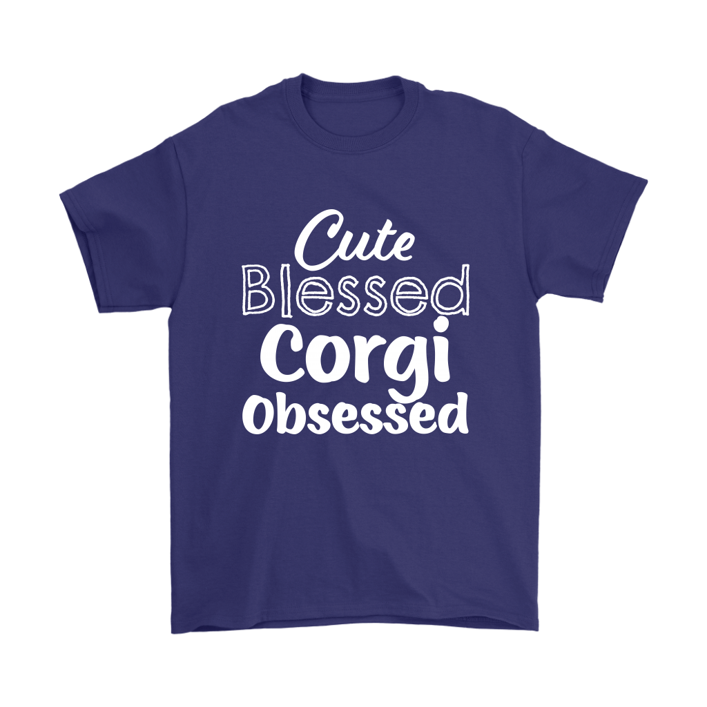 Blue shirt with the text: Cute Blessed Corgi Obsessed 