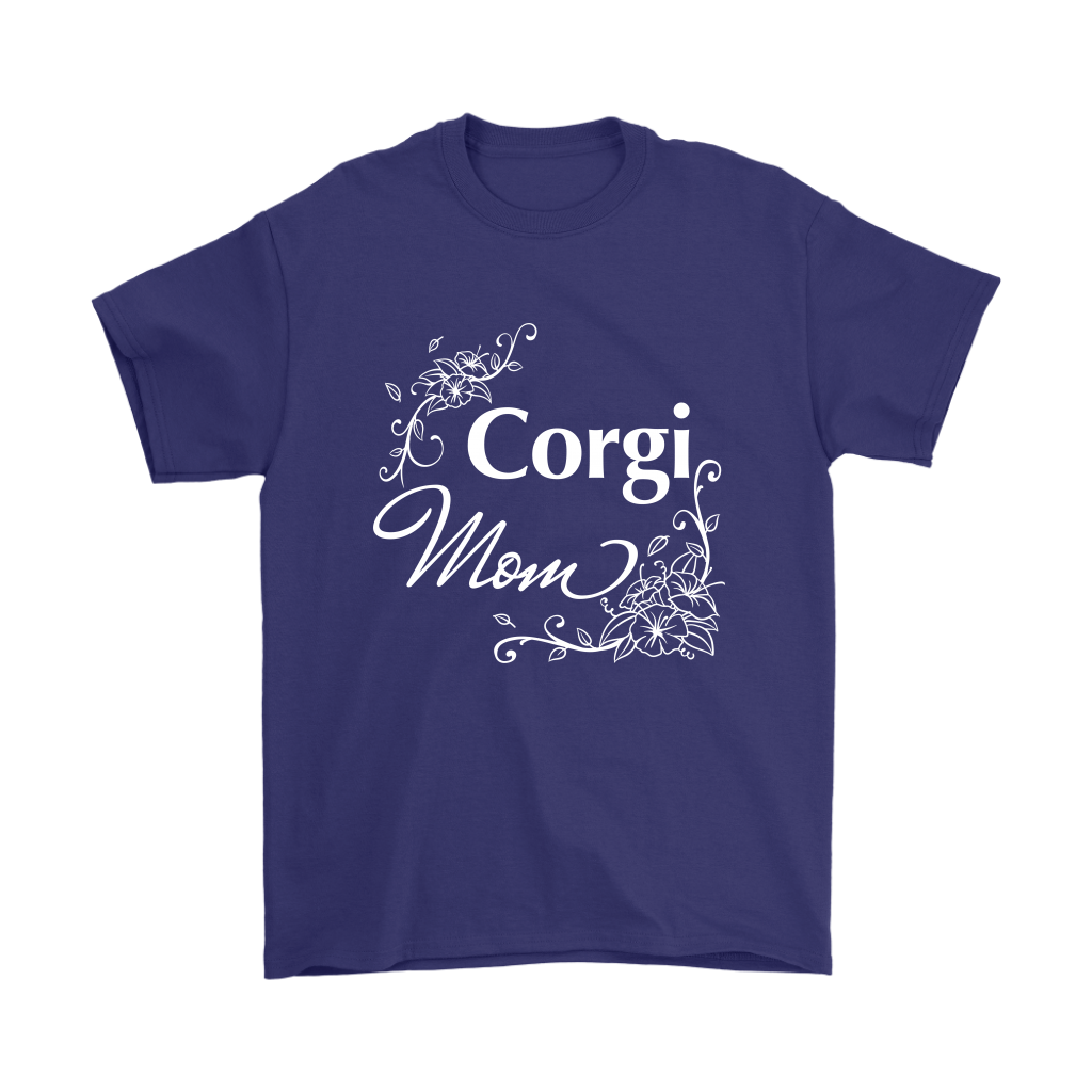 "Corgi Mom" shirt in purple. The text has a flowery font.