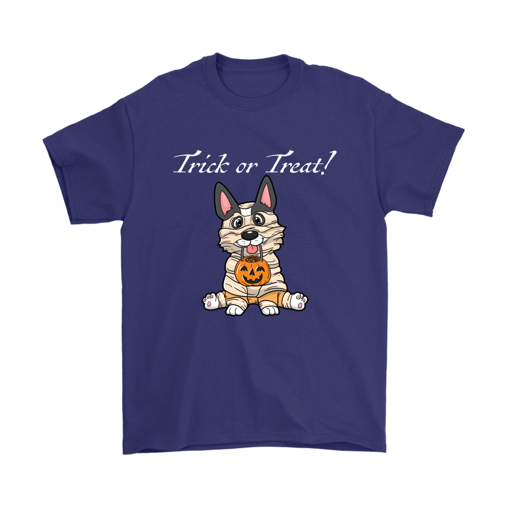 A t shirt with a tricolor corgi wearing a mummy costume. The text says "Trick or Treat" and the shirt is purple.