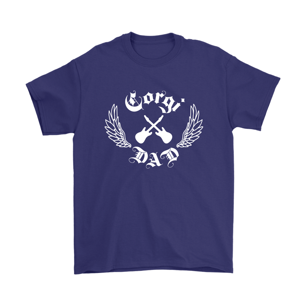 A purple shirt with the text "Corgi Dad" in a gothic style font with guitars and wings.