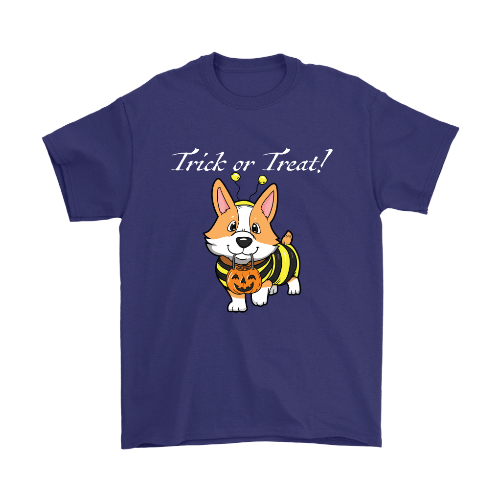 A shirt with a fawn corgi wearing a bumblebee costume with the text "Trick or Treat!". Shirt is navy blue.