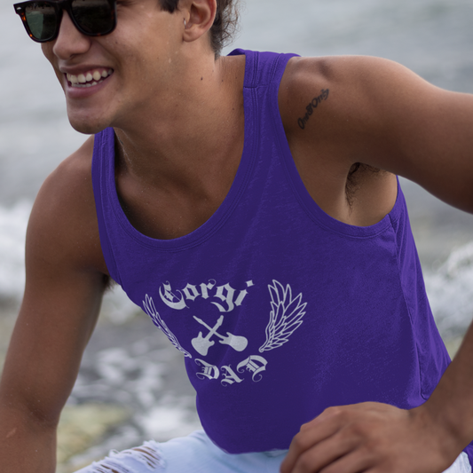 A model wearing a purple tank top that says "Corgi Dad" with crossed guitars and wings. 