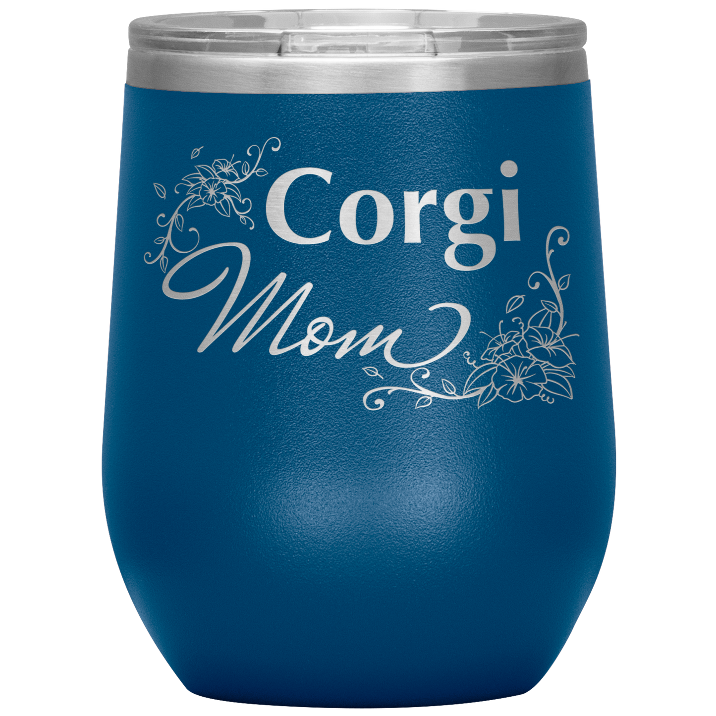 A blue 12oz tumbler with the text "Corgi Mom" in a flowery font.